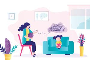 Fillette stressée en séance avec une thérapeute, symbolisant l'accompagnement professionnel pour aider les enfants à surmonter le stress et l'anxiété. Cette image représente un moment de soutien émotionnel et de guidance bienveillante.