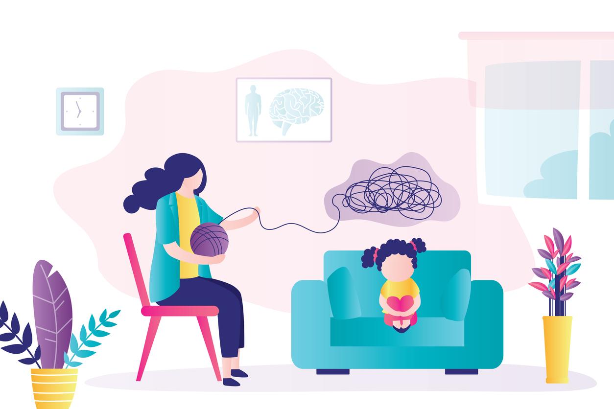 Fillette stressée en séance avec une thérapeute, symbolisant l'accompagnement professionnel pour aider les enfants à surmonter le stress et l'anxiété. Cette image représente un moment de soutien émotionnel et de guidance bienveillante.