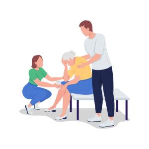 Femme âgée triste entourée de jeunes personnes, symbolisant l'importance du soutien intergénérationnel. Cette image illustre comment les échanges entre générations peuvent apporter réconfort et aide dans les moments de tristesse et de solitude.