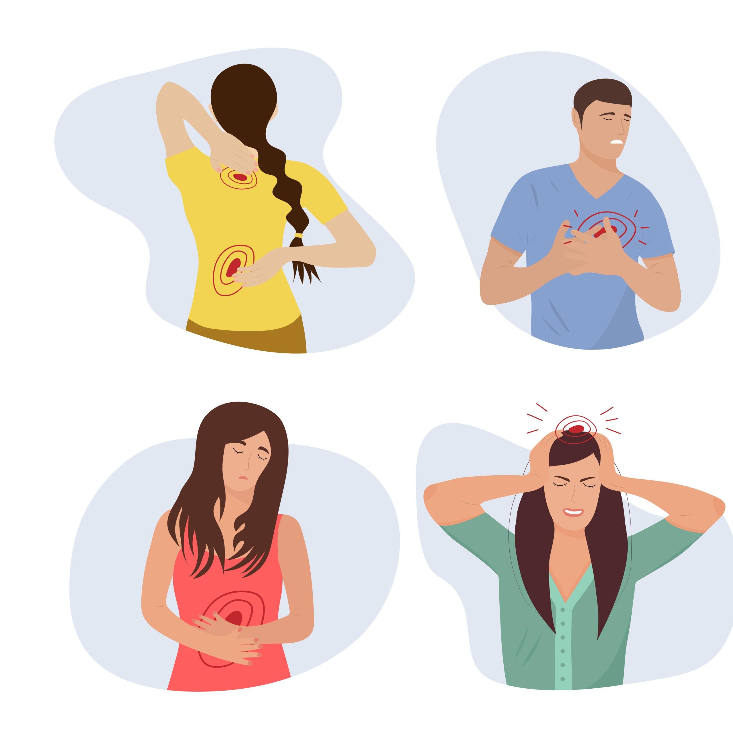 Illustration représentant différentes formes de douleurs physiques et émotionnelles, avec des éléments symbolisant des approches thérapeutiques telle que l'hypno-antalgie pour soulager ces douleurs."