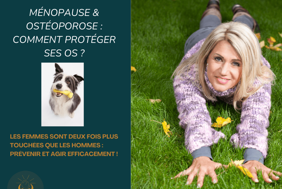 une femme active et en bonne santé, en train de marcher ou de faire du yoga, avec des icônes évoquant la santé osseuse (comme des os solides ou des aliments riches en calcium).