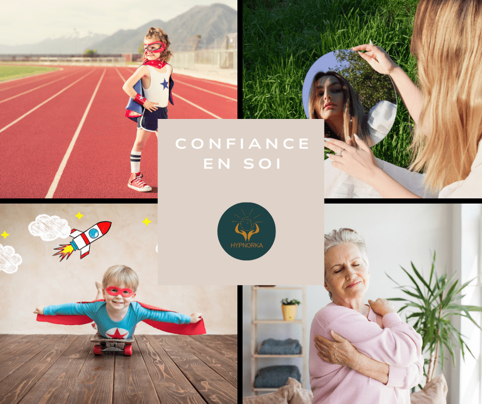 Une série de portraits montrant l'évolution de la confiance en soi chez les femmes, de l'enfance à l'âge mûr, à travers des expressions, des postures et des moments clés de chaque période