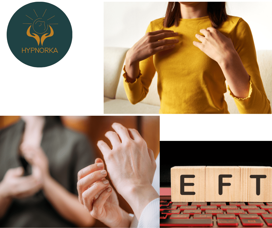 mage d’une personne pratiquant l'EFT (Emotional Freedom Techniques) en effectuant des tapotements sur des points spécifiques du corps pour libérer les émotions négatives.