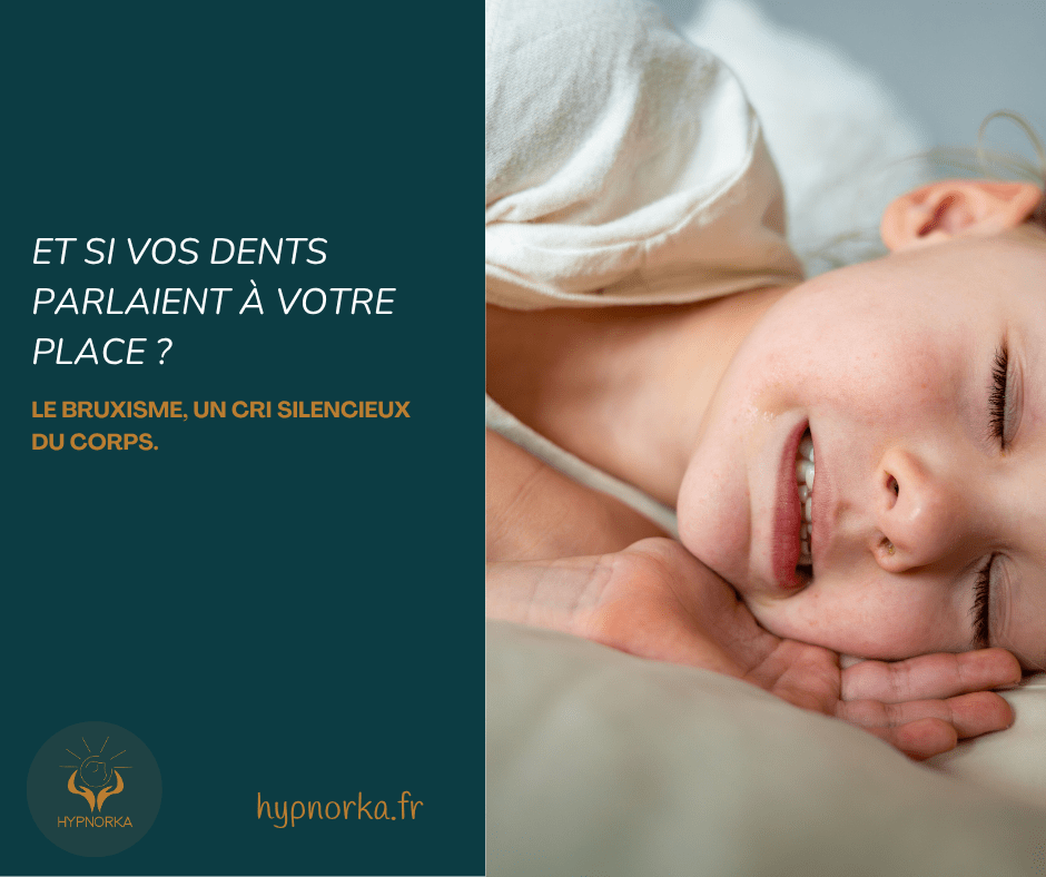 visage crispé vu de profil, les dents serrées avec des signes de tension autour des mâchoires. En arrière-plan, un nuage sombre symbolise le stress.